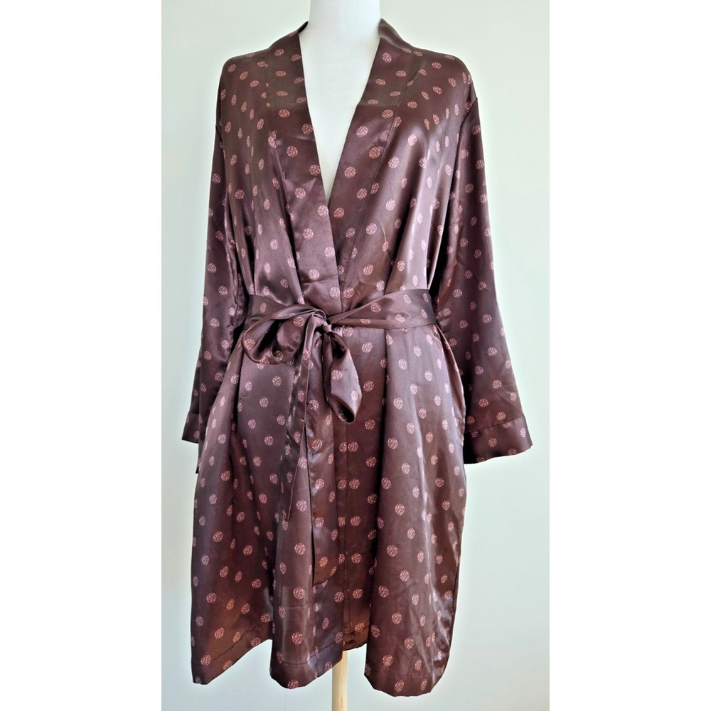 Vintage Brown Satin Geometric Polka Dots Dressing Gown Robe Waist Strap Pockets